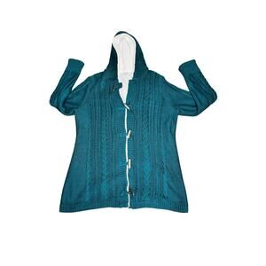 LL BEAN size L sweater chunky cable knit teal hood lined wool blend outdoors